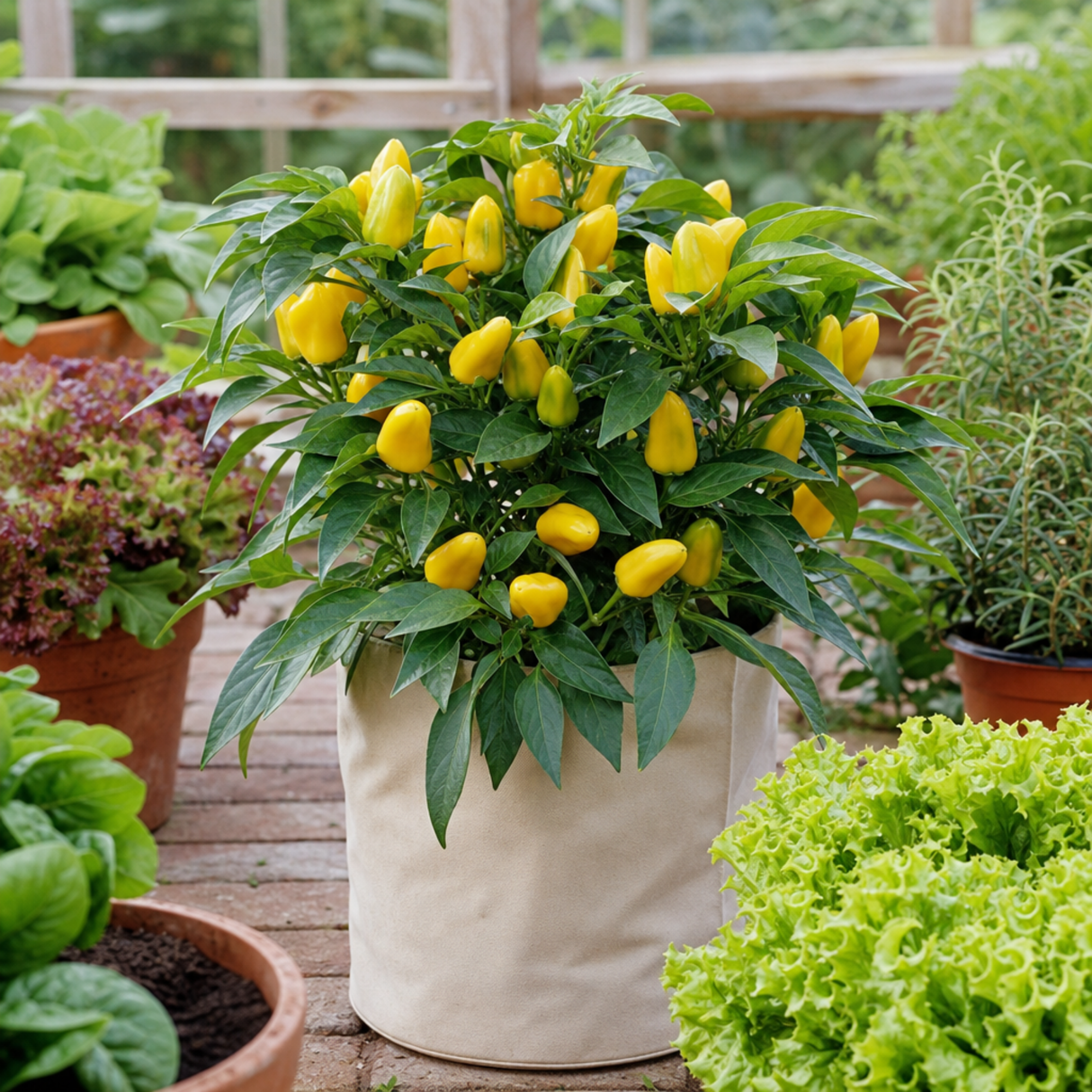 Sweet Pepper 'Snack Yellow' F1 grow-your-own plant, 2 litre root ball, photographed at Cedar Nursery, Cobham, Surrey.