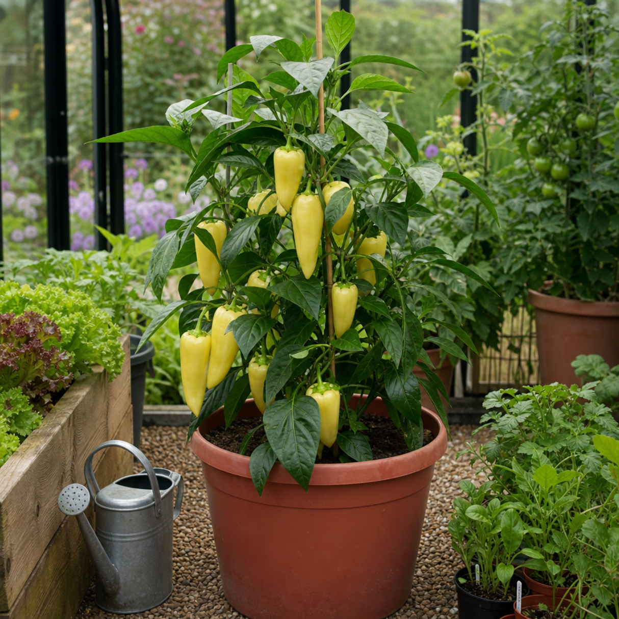 Garden-ready Sweet Pepper 'Astor' F1 plant, a conical yellow sweet pepper variety in a 2 litre root ball.
