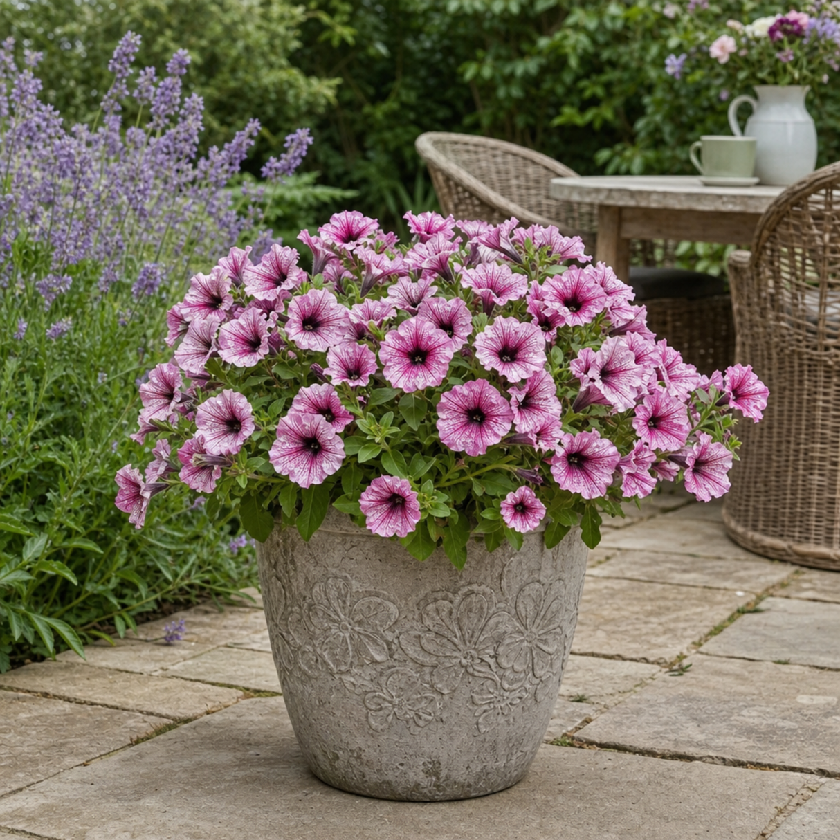 Additional views of Petunia 'Sanguna Mega Pink Vein', a large garden-ready plant supplied in a 2L pot.