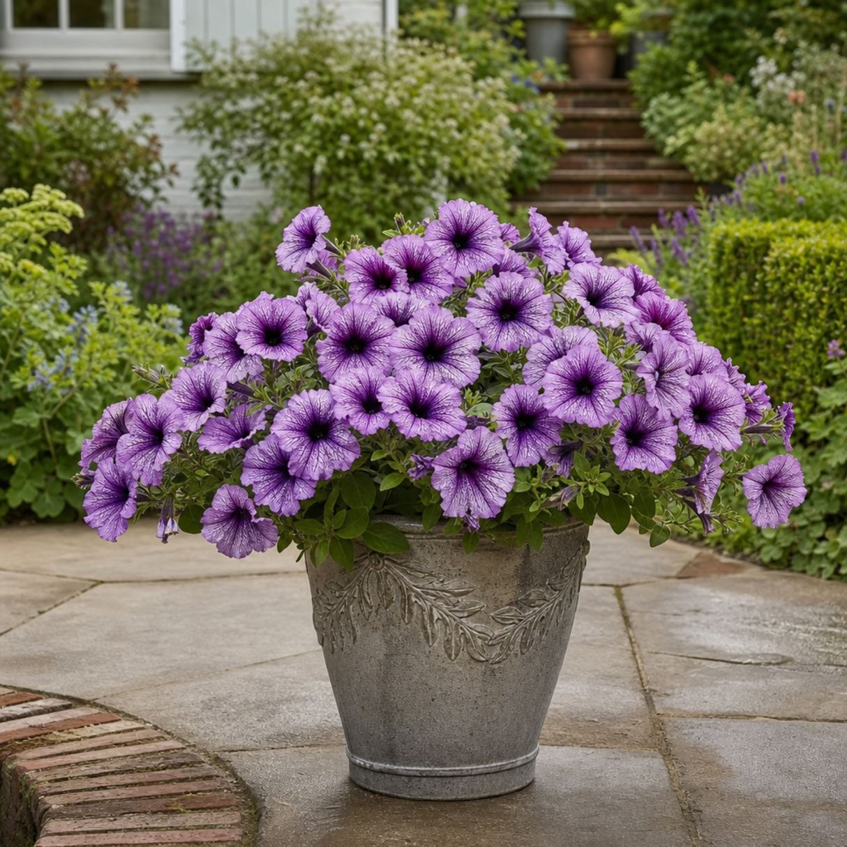 Further views of Petunia 'Sanguna Mega Purple Vein' supplied as a large garden-ready plant in a 2L pot.