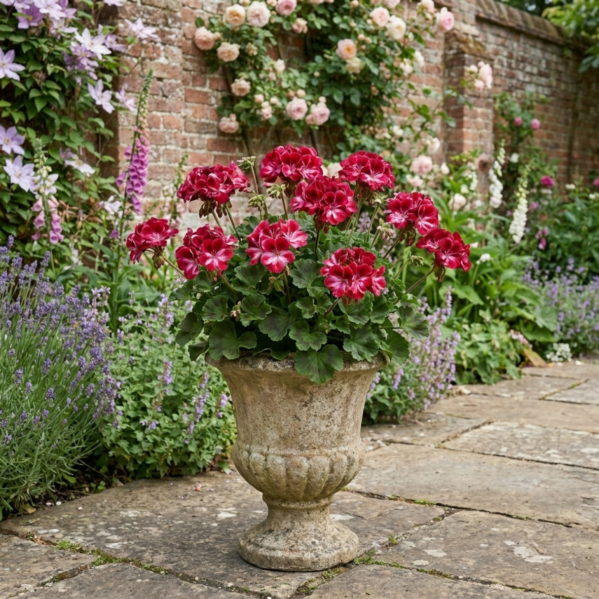 Geranium 'Calliope M Red Splash' with red summer flowers, grown as a patio plant in a 5 litre root-ball.