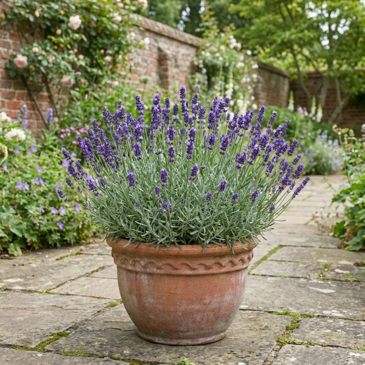 Lavandula angustifolia 'Hidcote' forming a neat mound of narrow grey-green leaves topped with upright flower spikes.