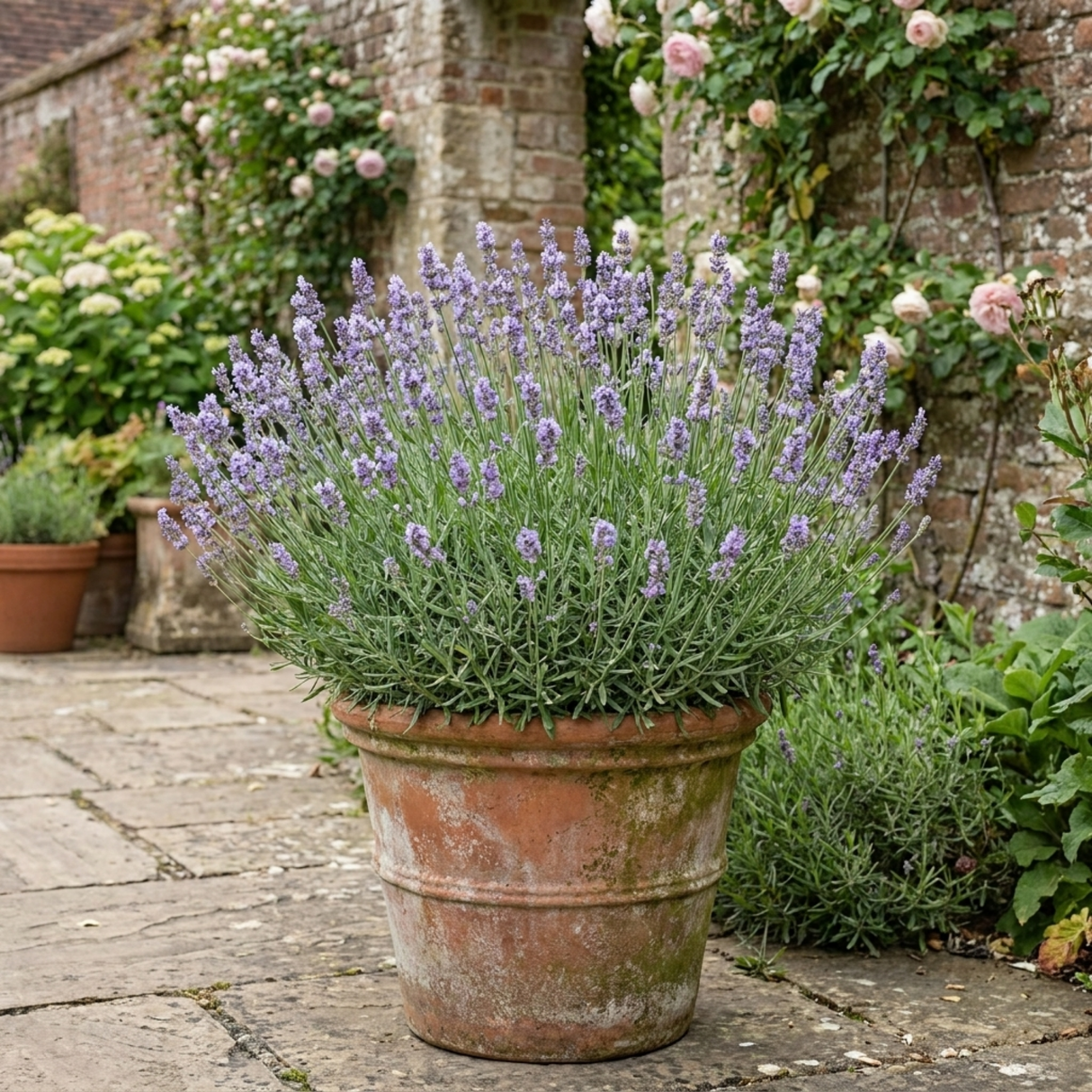 Lavandula angustifolia 'Hidcote Light Blue' English lavender forming a bushy mound of narrow grey-green foliage with upright flower spikes.