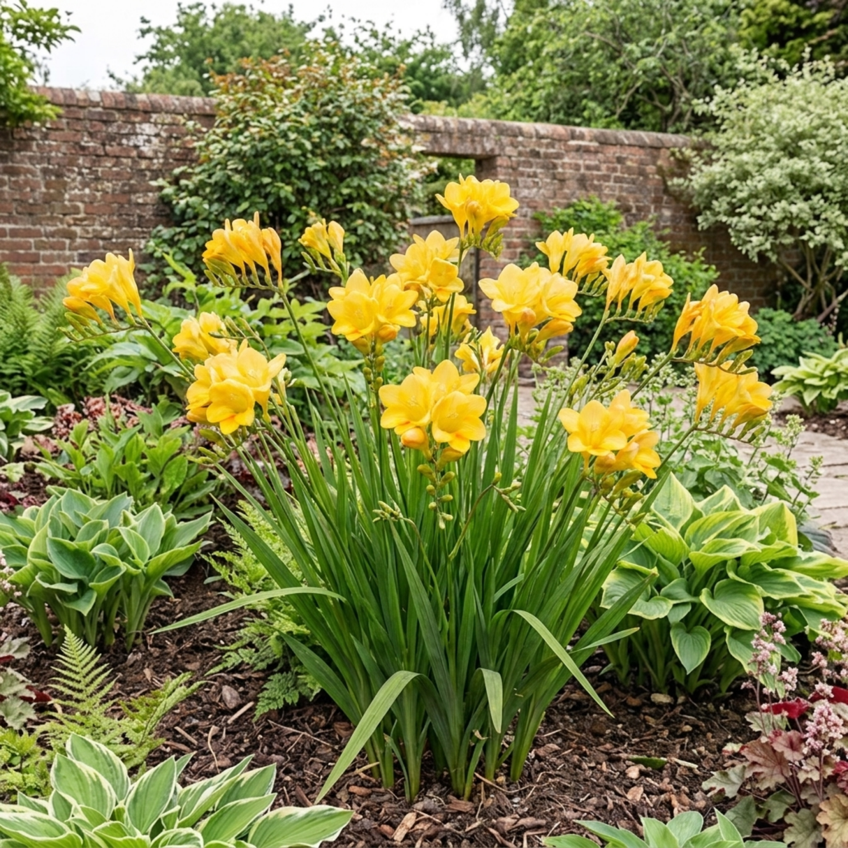Freesia 'Gold River' in flower, a garden perennial with slender upright stems and elegant blooms.