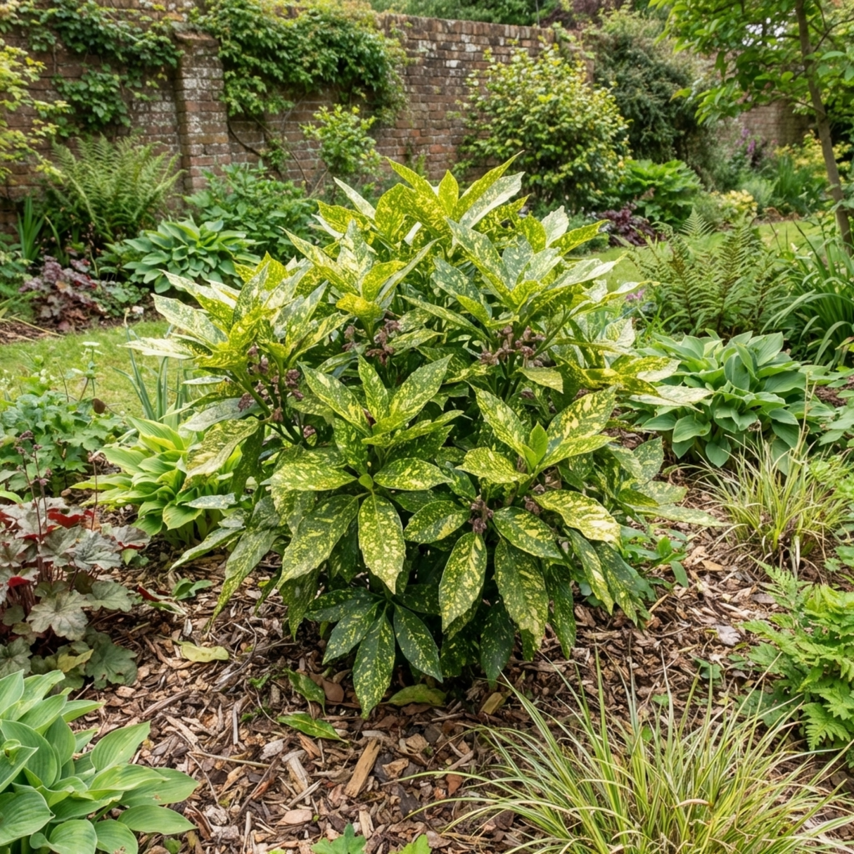 Aucuba 'Golden King' with broad glossy leaves marked by bright gold flecks and splashes across rich green foliage.