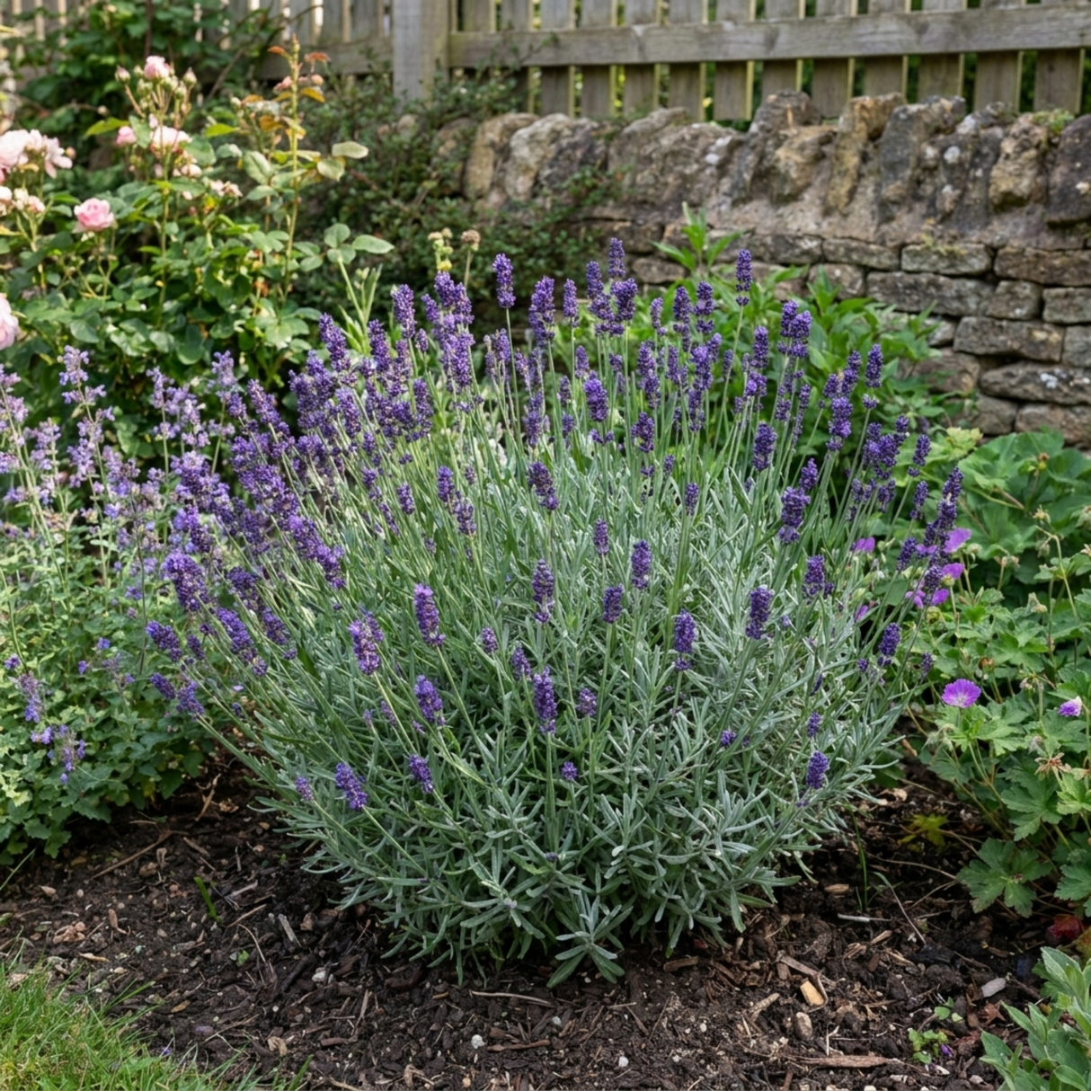 Lavandula angustifolia 'Hidcote' forming a neat mound of narrow grey-green leaves topped with upright flower spikes.