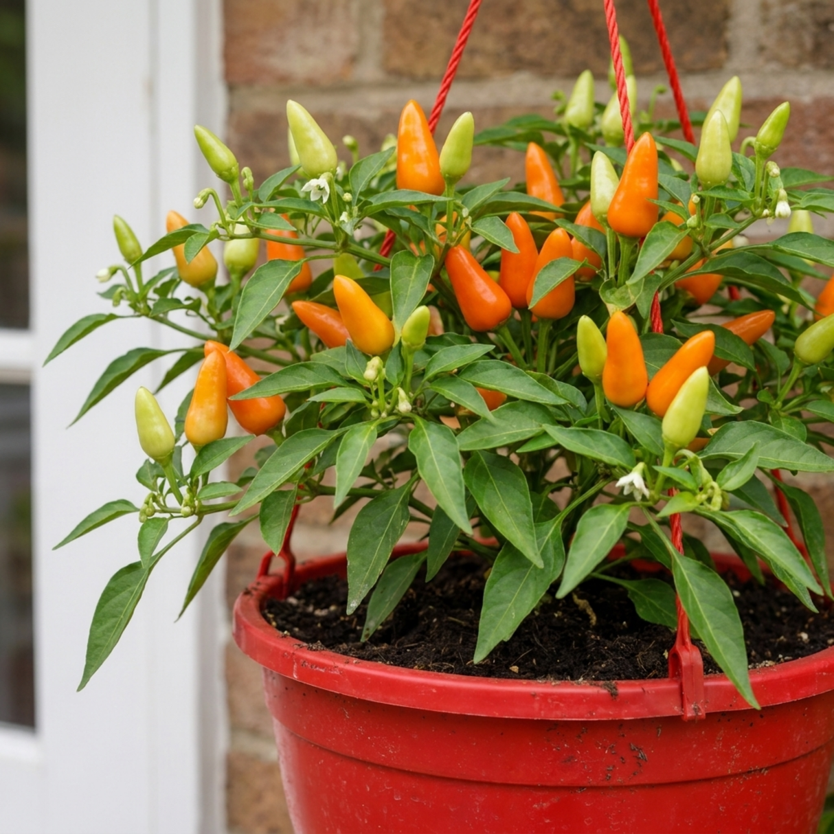 Sweet Pepper 'Peppers from Heaven Orange' showing cascading stems, orange peppers and lush green leaves.