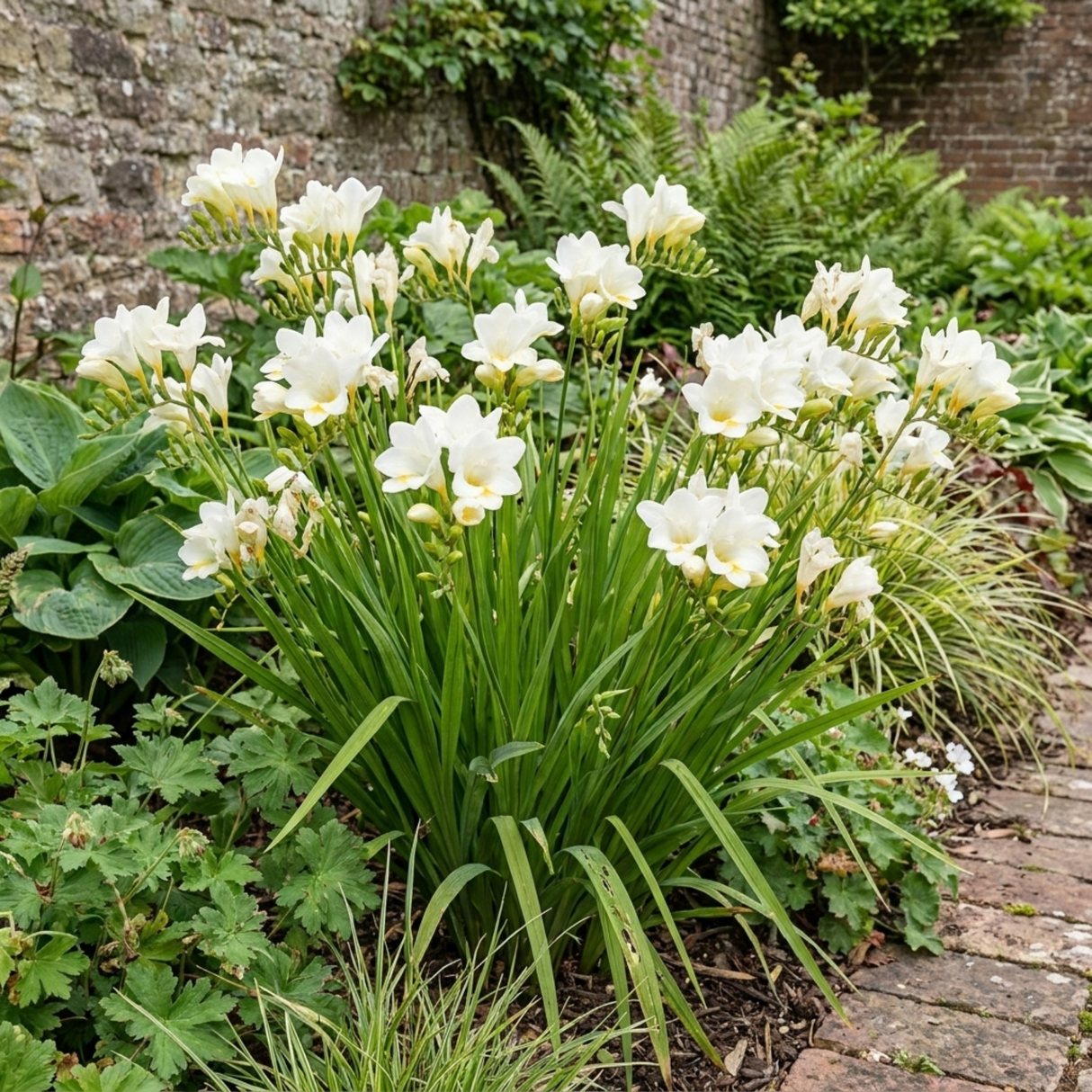Freesia 'White River' perennial with summer flowers, ready for the garden