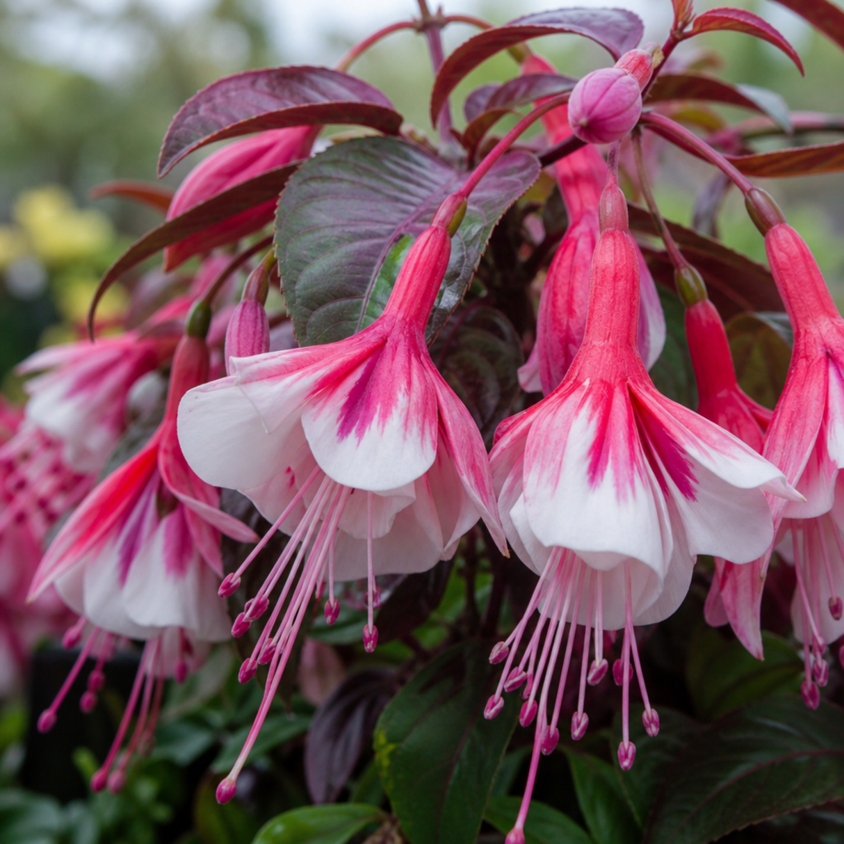 Large upright Fuchsia 'Fuchsita Pink White' plant, garden ready in a 2L pot, at Cedar Nursery in Cobham, Surrey.