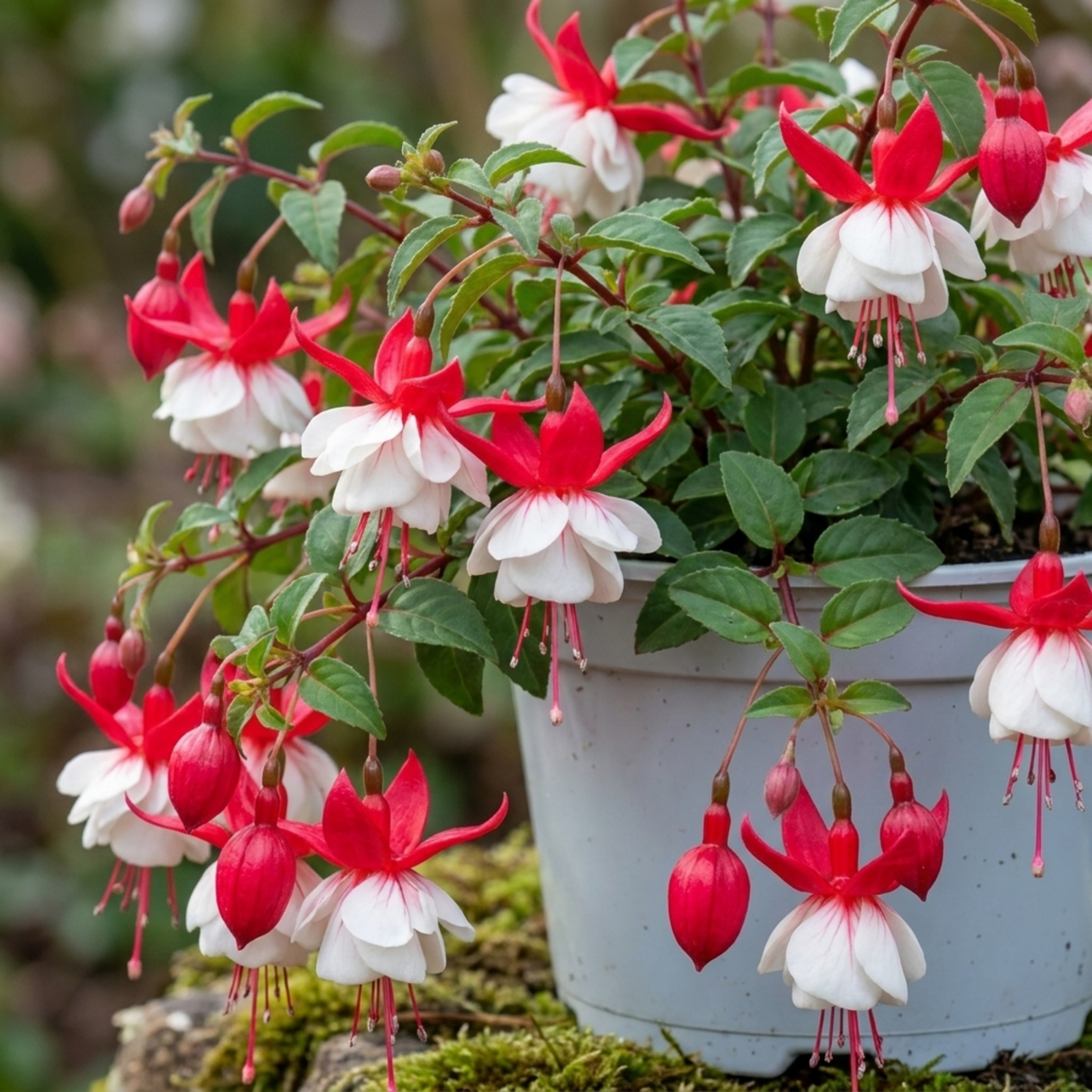 Trailing Fuchsia 'Sir Matt Busby' with double red and white blooms, a summer bedding plant