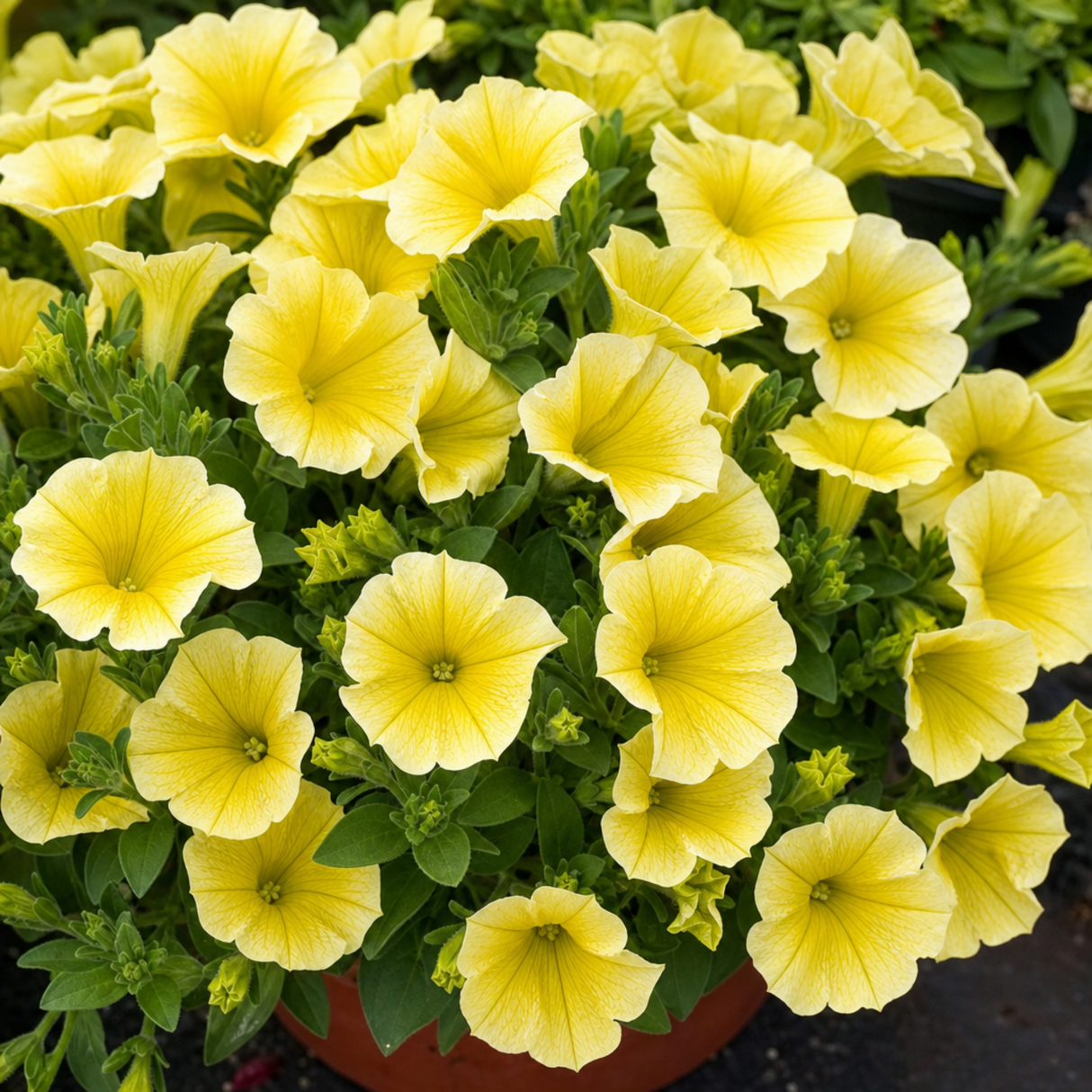 Petunia 'Capella Hello Yellow', a large outdoor garden-ready plant in a 2L pot.