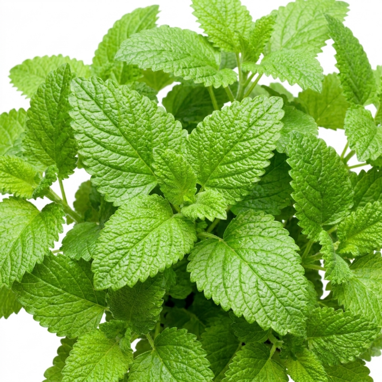 Melissa officinalis, Lemon Balm, forming a clump of green foliage on bushy, upright stems.