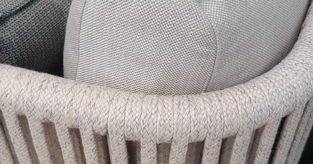 All-weather outdoor cushions on garden furniture at Cedar Nursery showroom in Cobham, Surrey