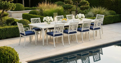 Oxley's sandcast aluminium garden furniture on display at Cedar Nursery showroom in Cobham, Surrey