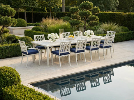 Premium teak and powder-coated aluminium garden furniture on a Surrey terrace, reflecting Chelsea 2026 sustainability values