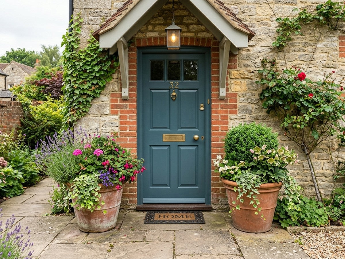 Pair of matching planters with bay trees either side of a front door, creating elegant kerb appeal
