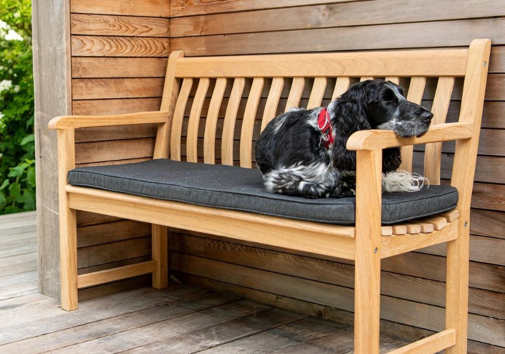 Garden benches in teak, roble or powder-coated. All available from Cedar Nursery, Surrey