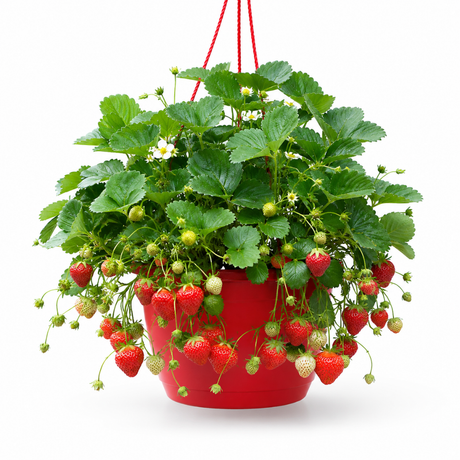 Fragaria x ananassa 'Toscana' strawberry plant showing leafy growth and trailing habit