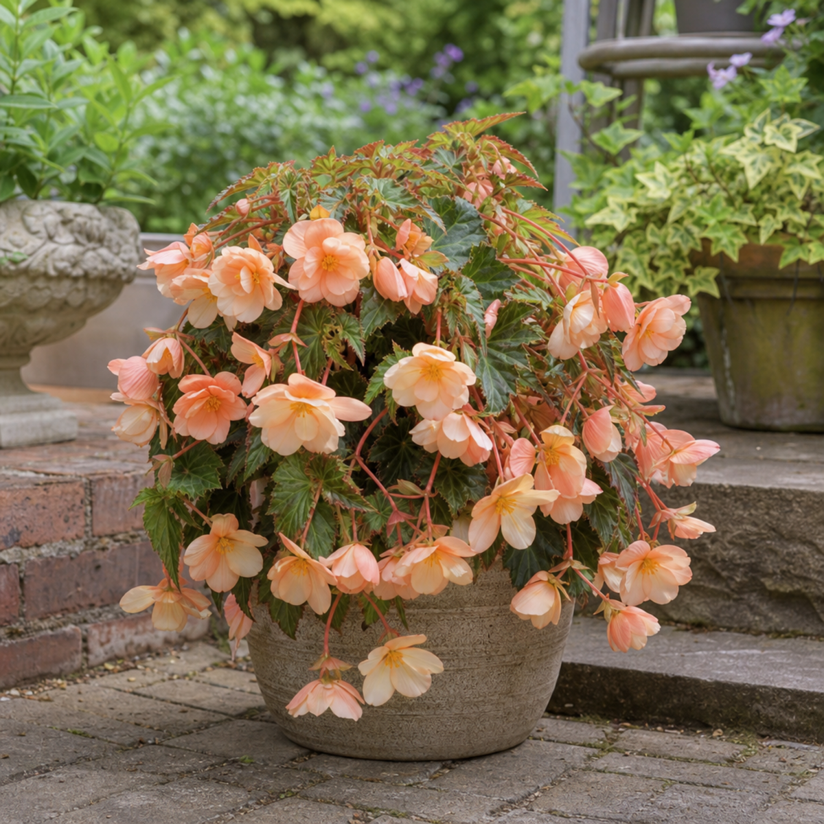 Further views of Begonia 'Fragrant Falls Peach', a garden-ready plant in a 2L pot available from Cedar Nursery in Cobham, Surrey.