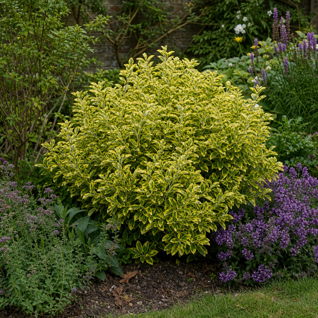 Euonymus japonicus 'Aureomarginatus' variegated shrub, a large plant in a 2L pot from Cedar Nursery.