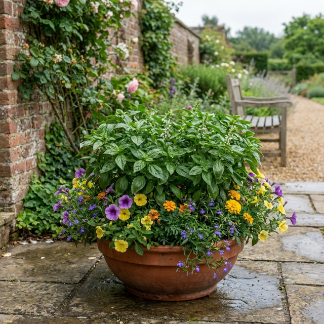 Ocimum basilicum 'Tauris' (Basil) with lush green leaves on upright stems