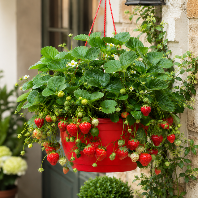 Fragaria x ananassa 'Toscana' strawberry plant with green foliage