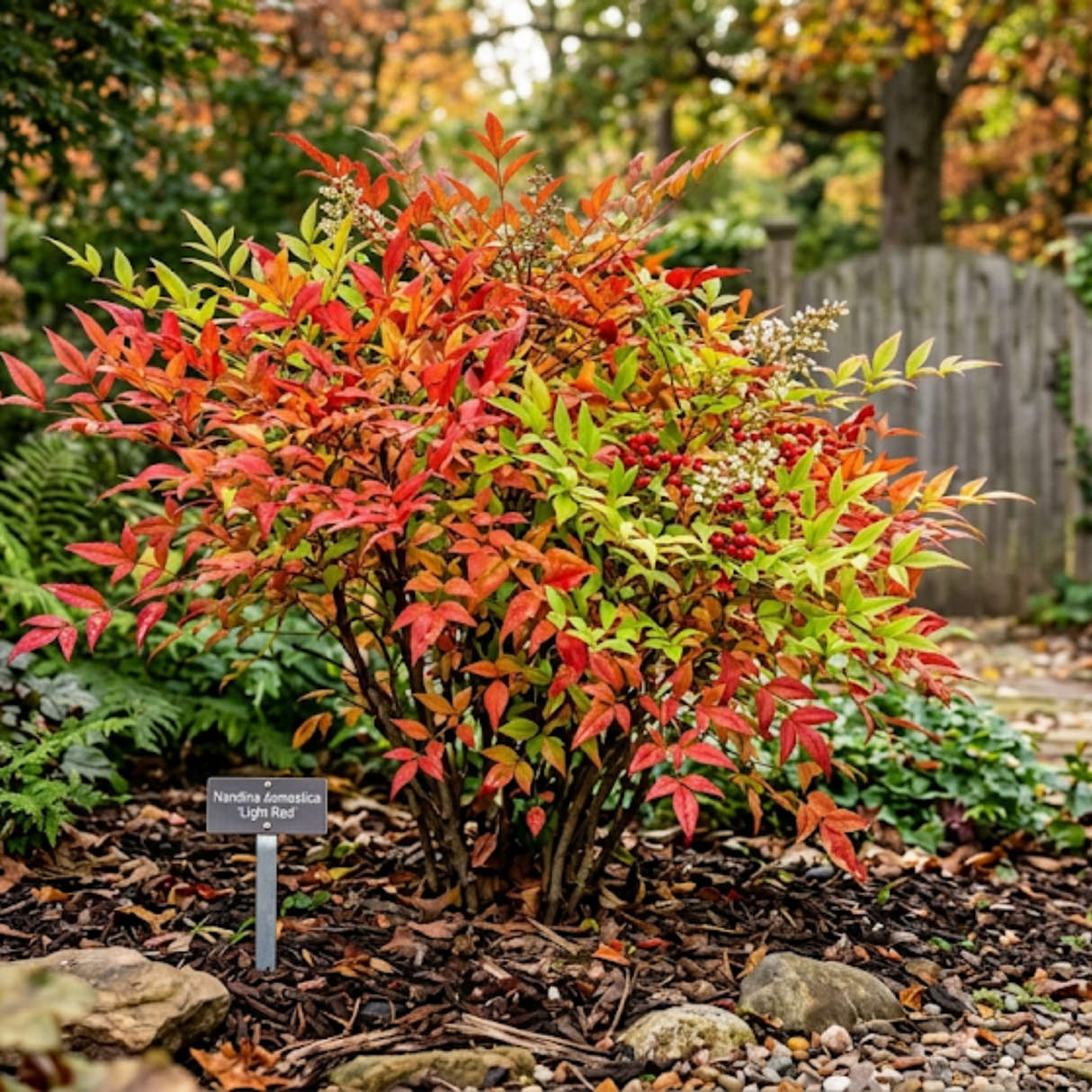 Nandina domestica 'Light Red' compact evergreen shrub with delicate, densely held foliage tinged red.