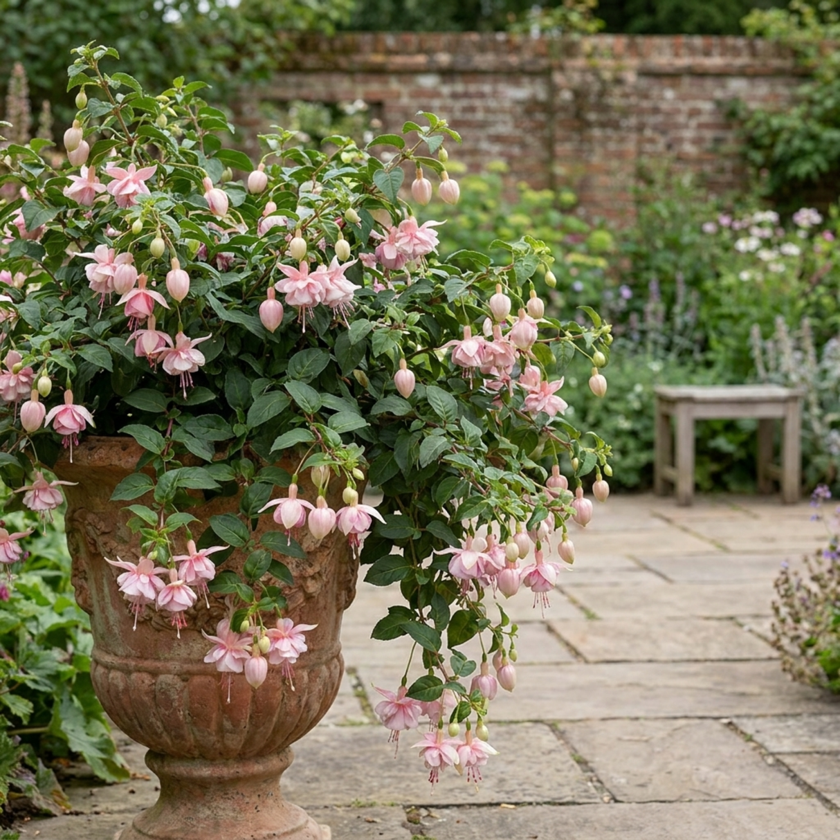 Fuchsia 'Claudia' trailing double fuchsia with tumbling stems, a favourite for hanging baskets and summer bedding.