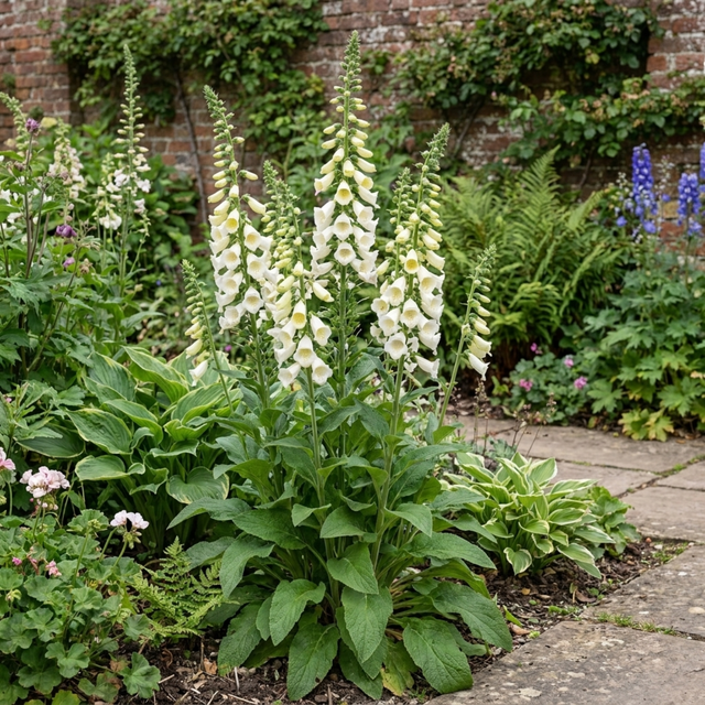 Digitalis 'Hanabee White' foxglove with tall spires of white tubular flowers above evergreen foliage