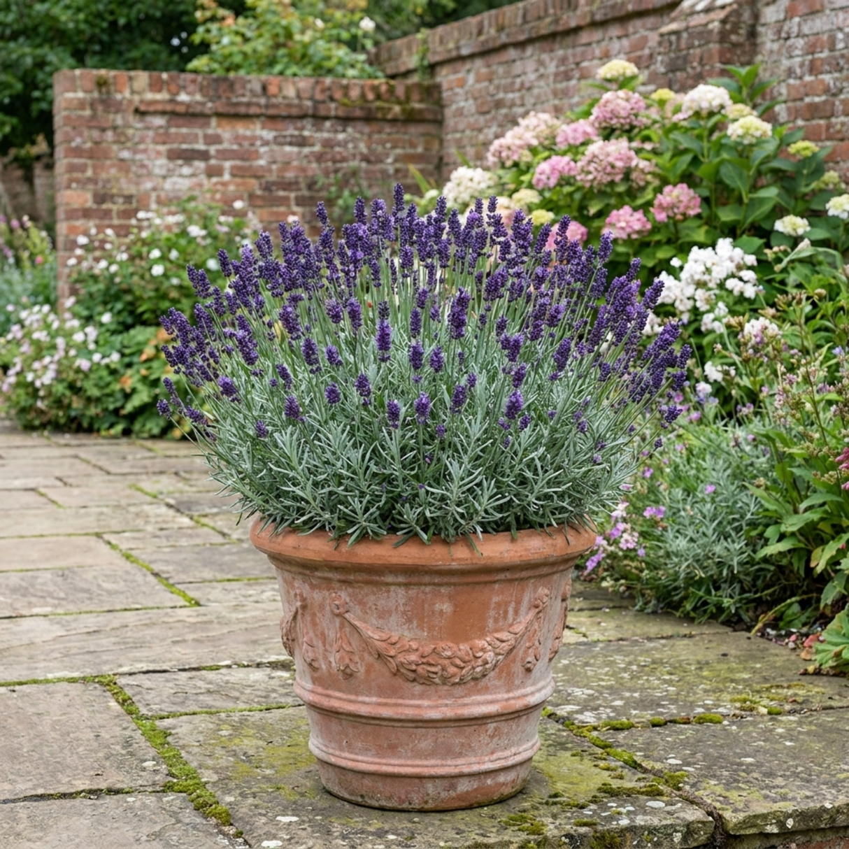 Lavandula angustifolia 'Hidcote Dark Blue', a compact English lavender bearing dark flower spikes over narrow grey-green leaves in a neat