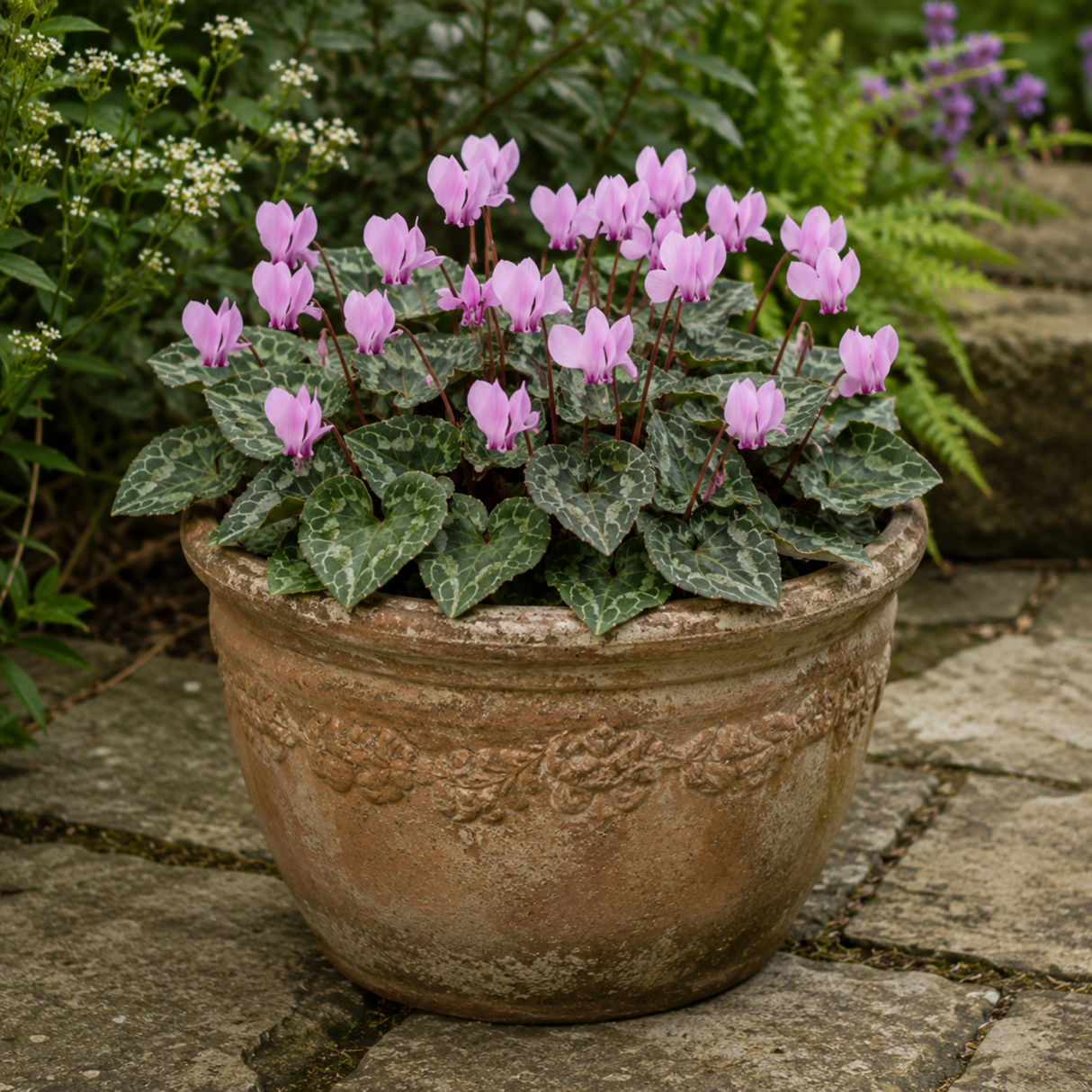 Cyclamen hederifolium in flower, showing autumn blooms rising above patterned ivy-shaped foliage.