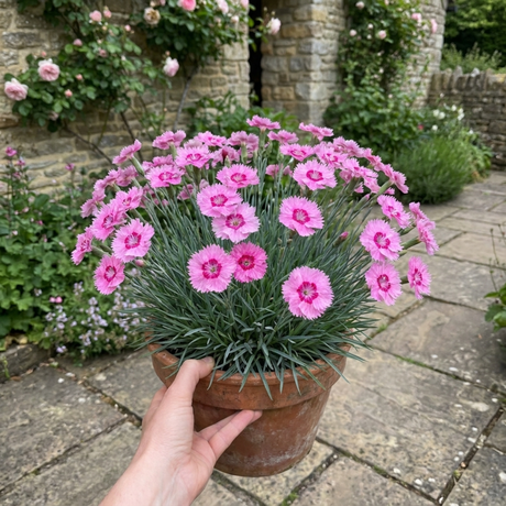 Dianthus 'Pink Celebration' cottage pink in flower, showing pink blooms above slender grey-green foliage.