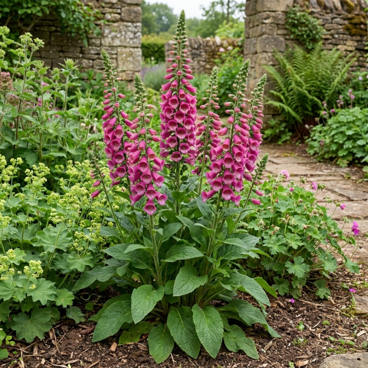Digitalis 'Hanabee Deep Rose' evergreen foxglove bearing tall spikes of pink and rose-gold tubular flowers above green foliage