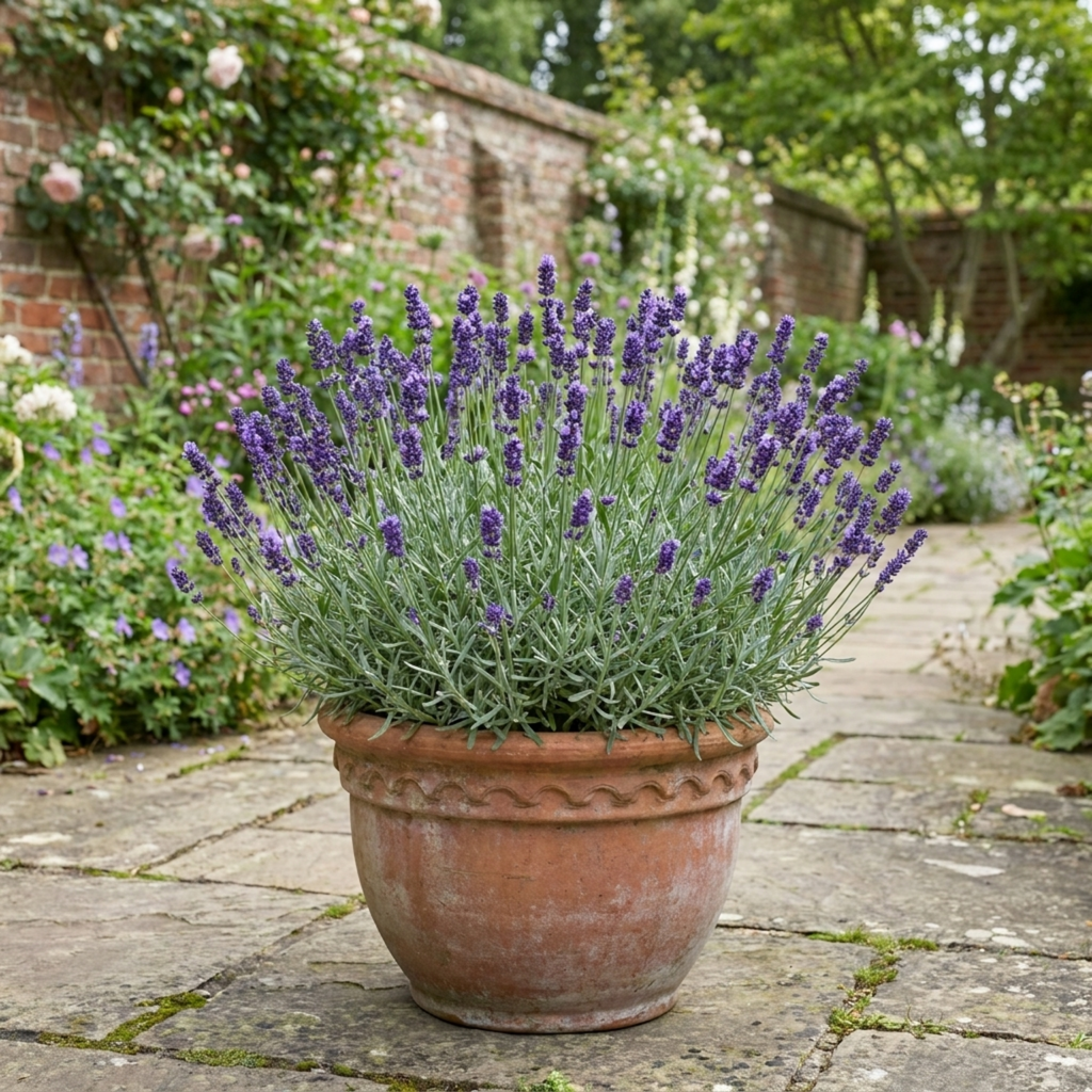 Lavandula angustifolia 'Hidcote' forming a neat mound of narrow grey-green leaves topped with upright flower spikes.