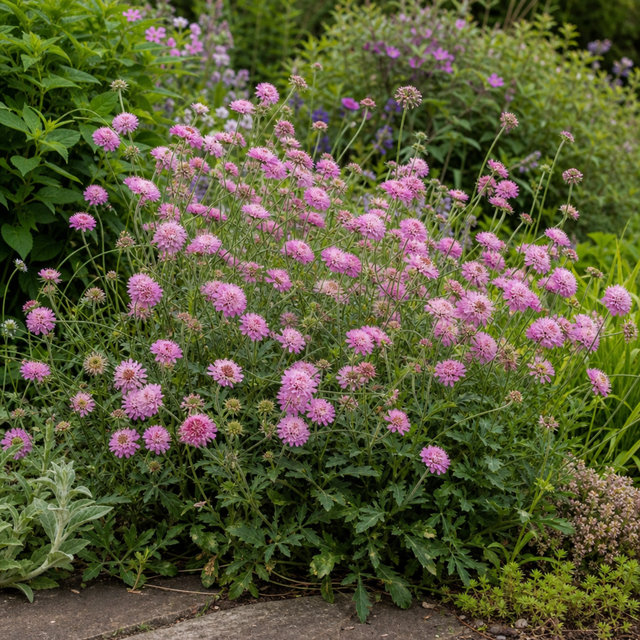 Scabiosa columbaria 'Pink Mist' pincushion flowers borne on slender stems above a mound of foliage.