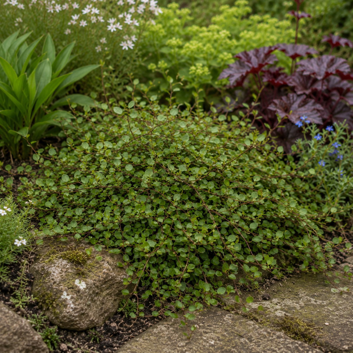 Muehlenbeckia complexa forming a dense tangle of fine wiry stems clothed in tiny rounded green leaves