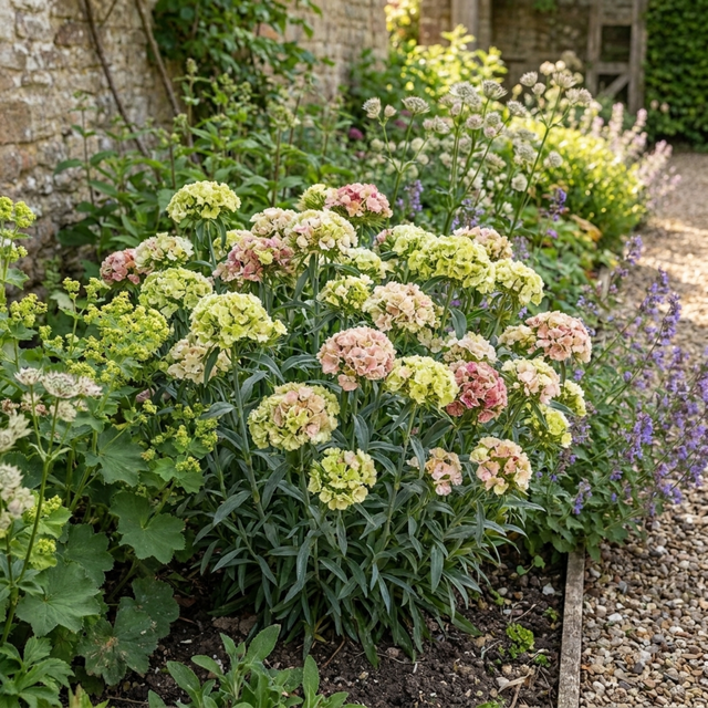 Dianthus Cocktail Mojito='Wp15 Pie41' with slender blue-green foliage and rounded flowers on upright stems, a compact garden perennial.