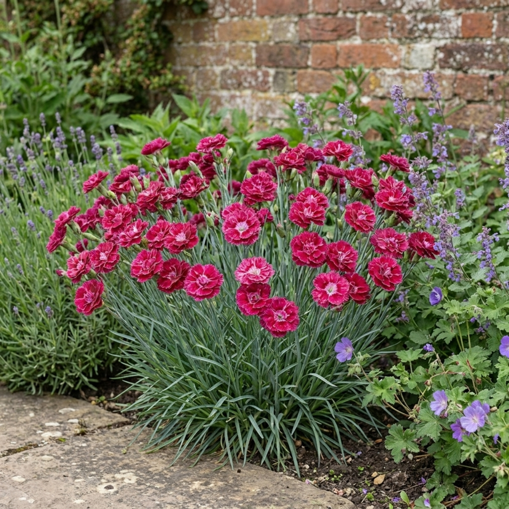 Dianthus 'Sugar Raspberry', a cottage pink perennial forming a neat mound of slender foliage with summer flowers.