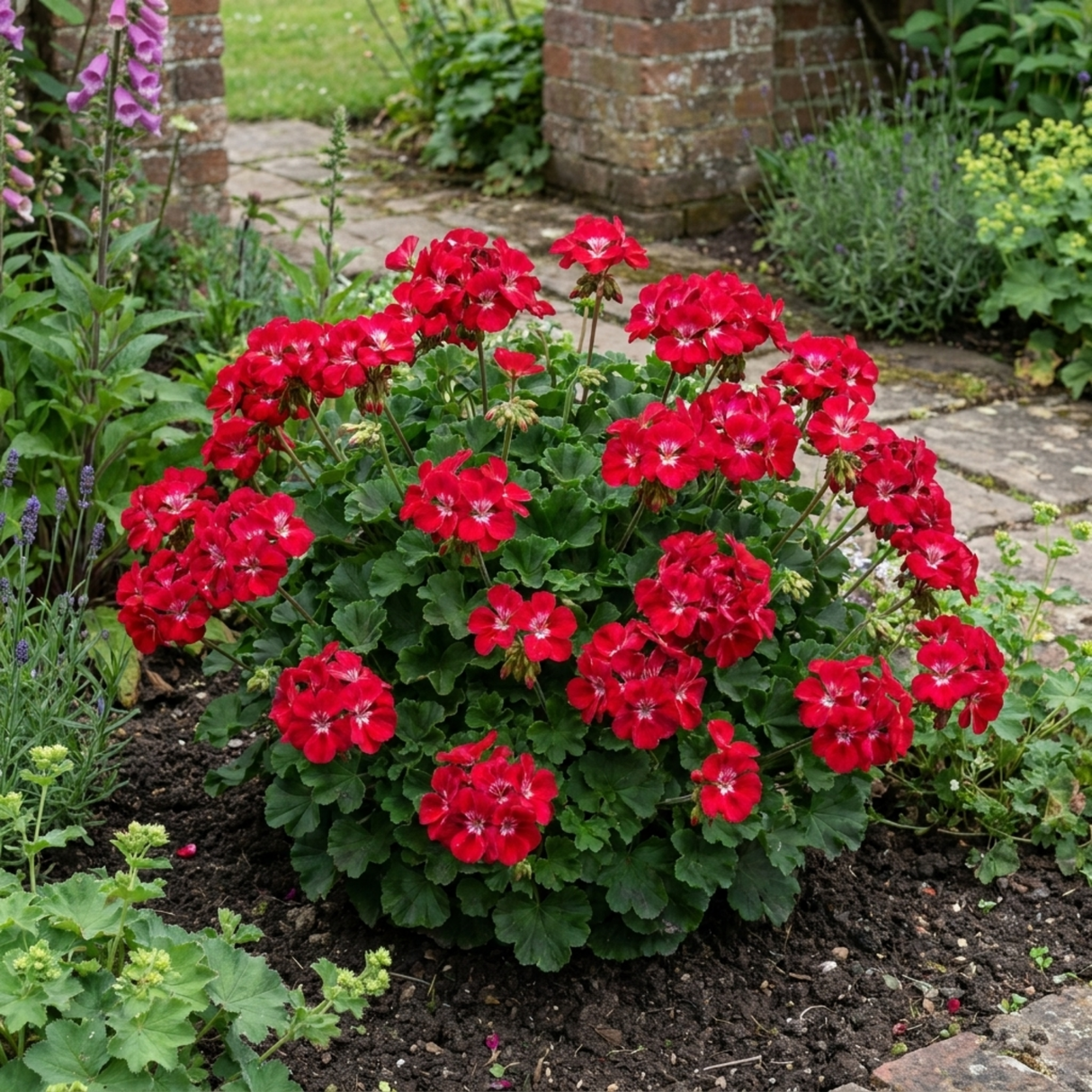 Close-up views of Geranium 'Calliope M Red Splash' showing its red flowers and foliage.