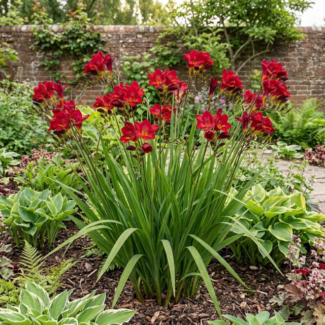 Freesia 'Red River' with slender upright stems and funnel-shaped blooms above narrow sword-like green foliage.