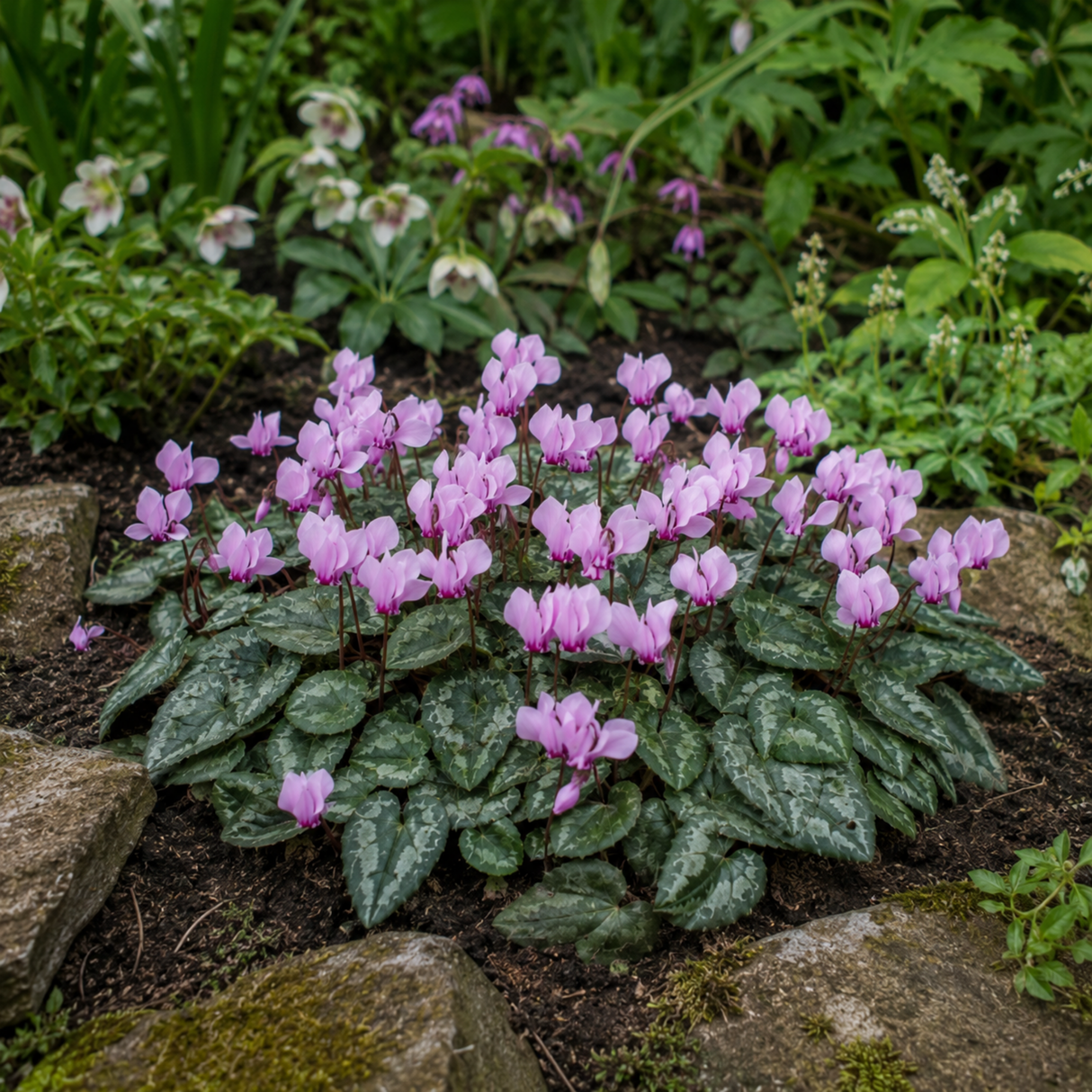 Cyclamen hederifolium in flower, showing autumn blooms rising above patterned ivy-shaped foliage.