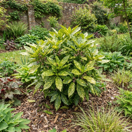 Aucuba 'Golden King' with broad glossy leaves marked by bright gold flecks and splashes across rich green foliage.
