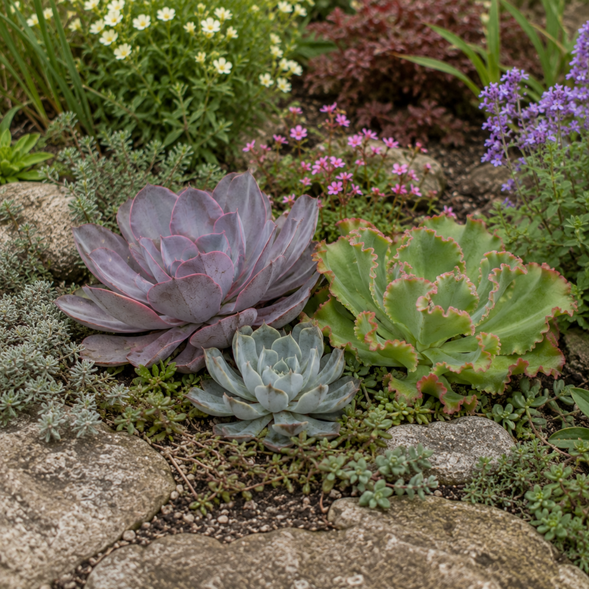 Assorted mix of Echeveria succulents with rosettes of thick, fleshy leaves in varying shapes and tones
