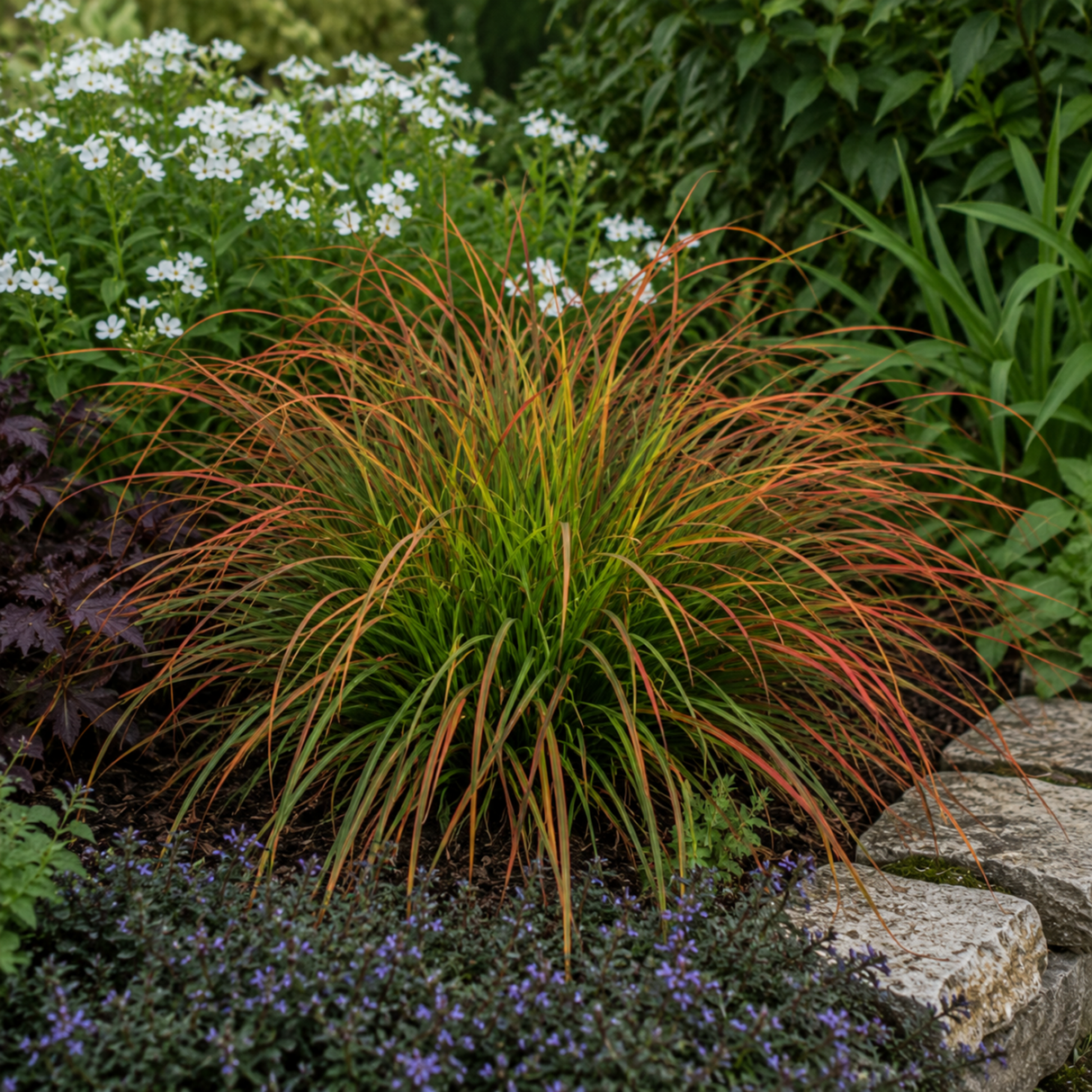 Carex testacea 'Prairie Fire' forming a fountain-like clump of slender, arching foliage in coppery orange and green.
