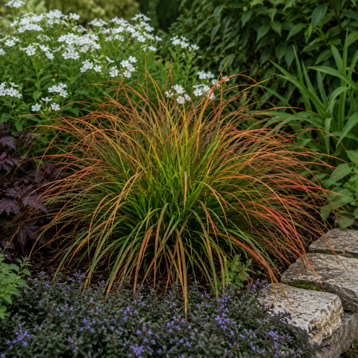 Carex testacea 'Prairie Fire' forming a fountain-like clump of slender, arching foliage in coppery orange and green.