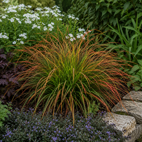 Carex testacea 'Prairie Fire' forming a fountain-like clump of slender, arching foliage in coppery orange and green.
