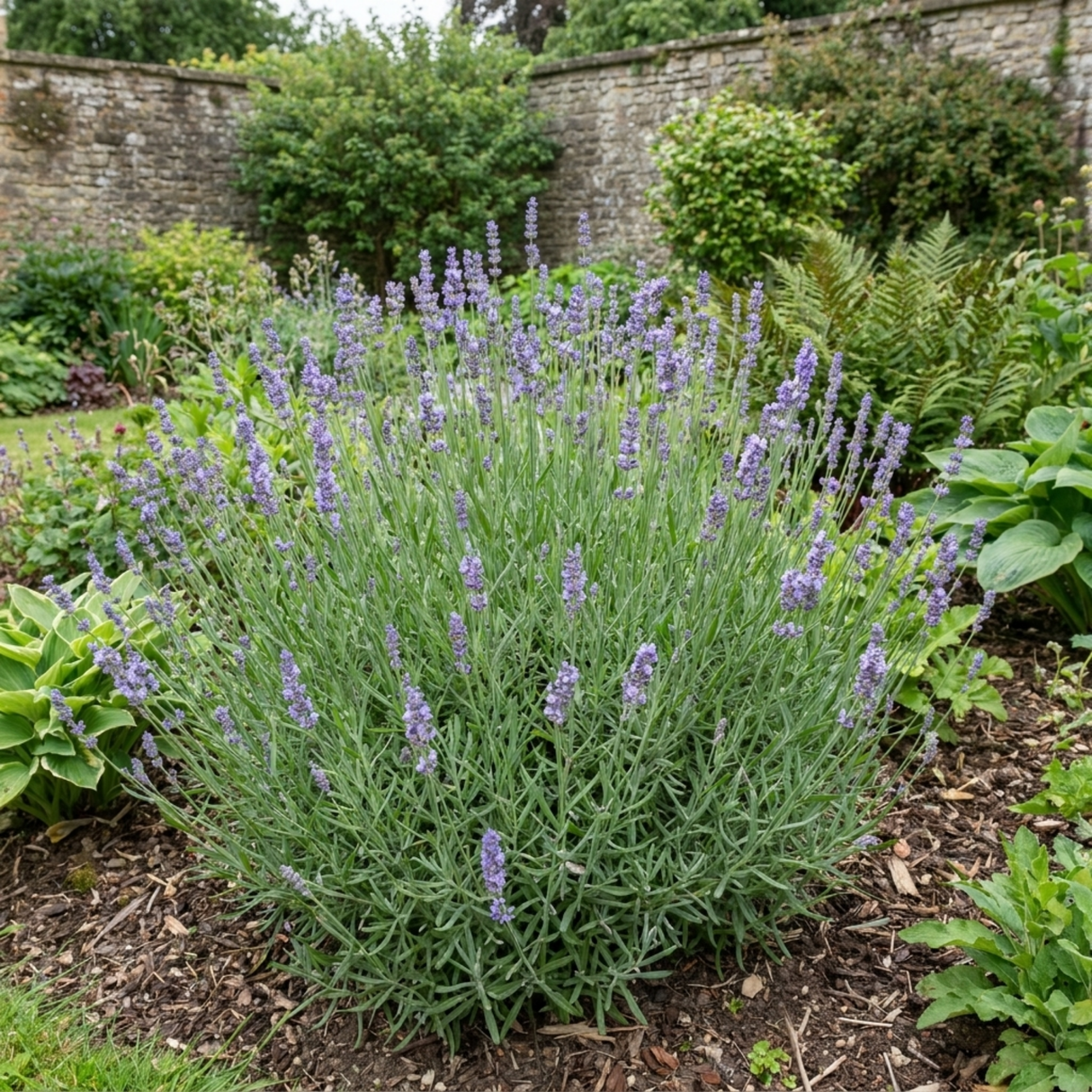 Lavandula angustifolia 'Hidcote Light Blue' English lavender forming a bushy mound of narrow grey-green foliage with upright flower spikes.