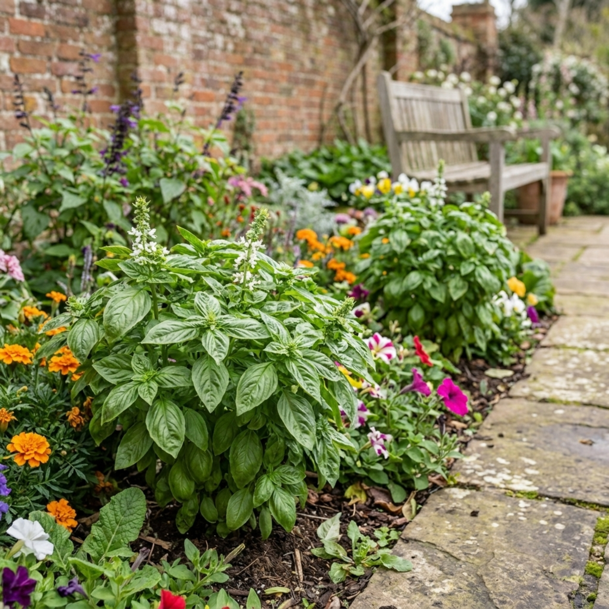 Ocimum basilicum 'Tauris' basil plant with bushy green foliage on leafy upright stems