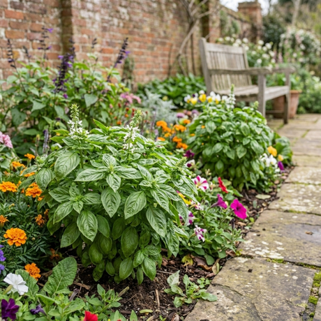 Ocimum basilicum 'Tauris' basil plant with bushy green foliage on leafy upright stems