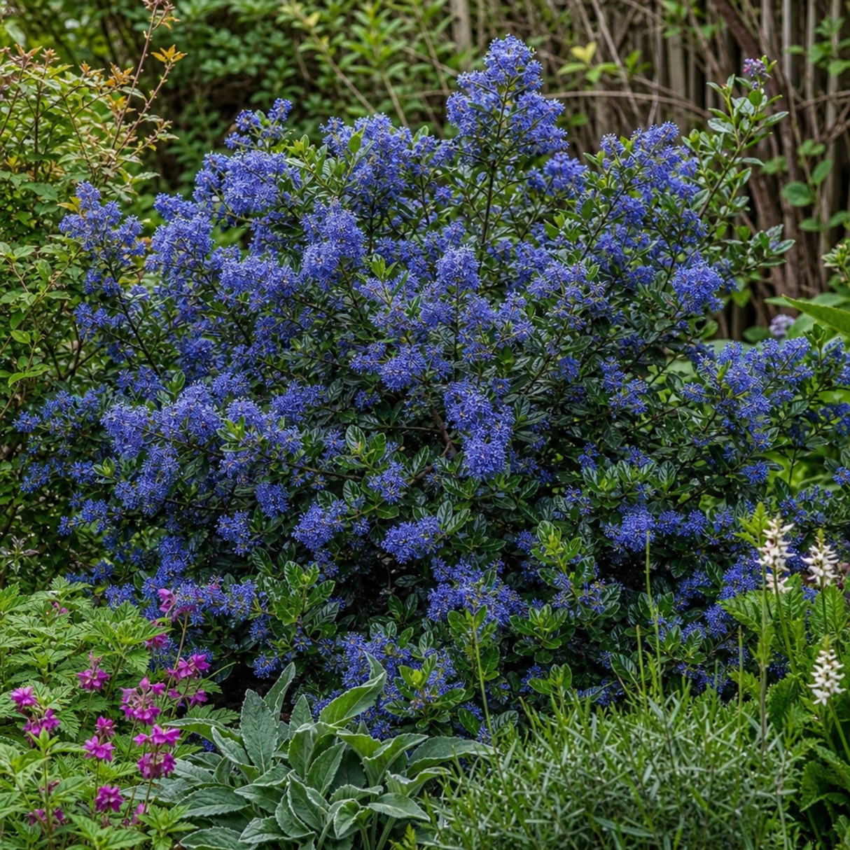 Ceanothus 'Pugets Blue' shrub with dense, glossy green foliage and clustered blooms